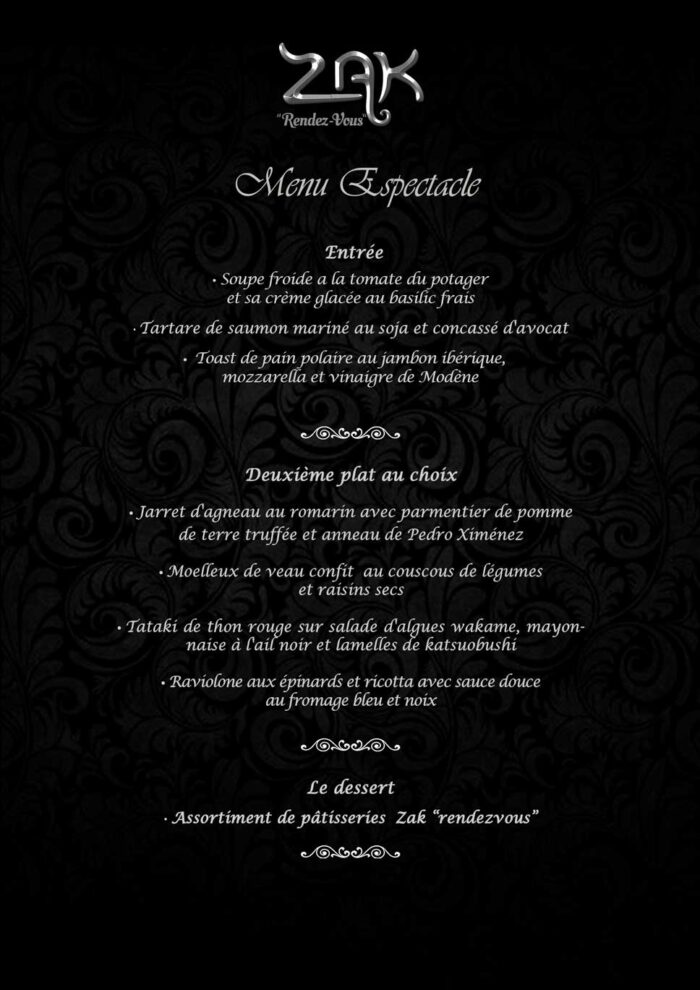 Menú Cena Espectáculo musical - ZAK Rendez Vous Sitges - En vivo